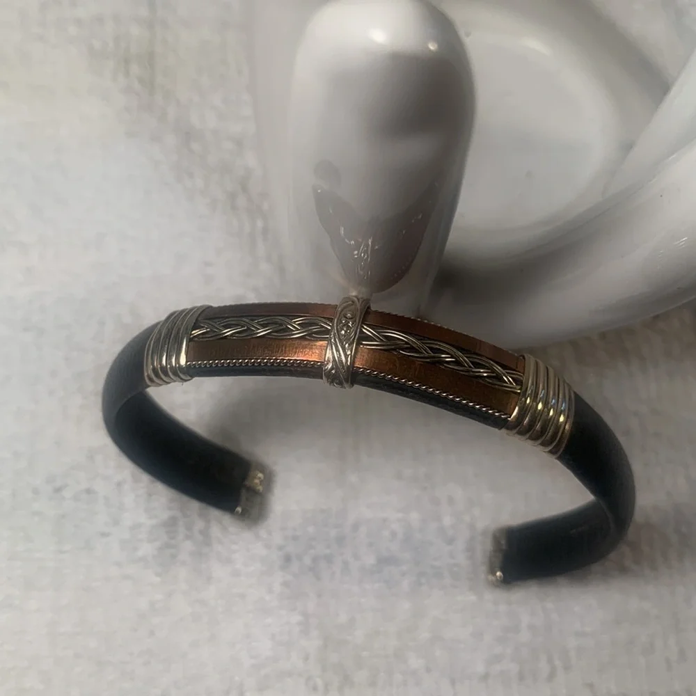 Unisex Black Leather Copper and Silver Cuff Bracelet